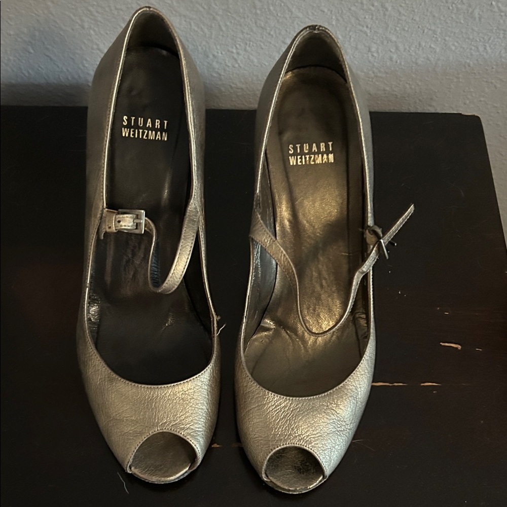 Stuart Weitzman Metallic Silver Peep-Toe Heels
